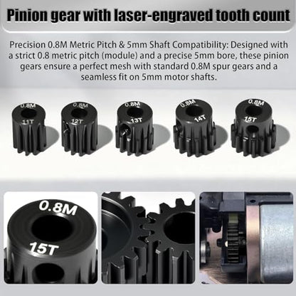 5Pcs 0.8M Hardened Steel Pinion Gear Set 5mm Shaft 11T 12T 13T 14T 15T Motor Pinion Gear with M4 Screw and Hex Key, for Arrma HPI Kyosho Losi Axial Traxxas Tamiya 1/10 RC Car and 540/550 Motors - size: 0.8M-5mm-11-15T