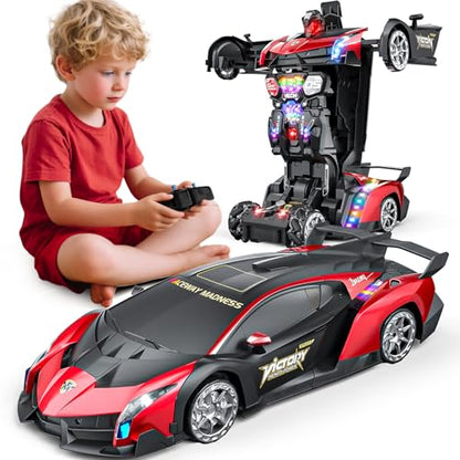 Holyton 1:10 Transforming RC Car, Large Remote Control Car | One-Button Transform to Robot, 2.4GHz Remote Control, Gesture Sensing, LED Lights, 80-Min Playtime, Gift for Kids Ages 5-12 - color: Red