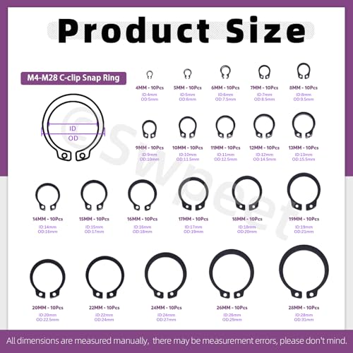 Swpeet 266Pcs 21 Sizes M4-M28mm Alloy Steel External Circlip Snap Retaining Clip Rings C-Clips with Tweezers Assortment Kit, Circlip Retainer Rings Set for Axles, Shafts and Other Moving Parts - style: Manganese Steel C-Cip
