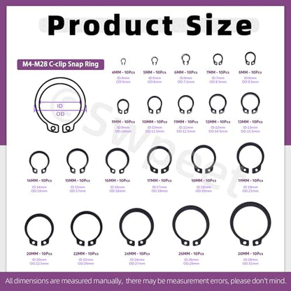 Swpeet 266Pcs 21 Sizes M4-M28mm Alloy Steel External Circlip Snap Retaining Clip Rings C-Clips with Tweezers Assortment Kit, Circlip Retainer Rings Set for Axles, Shafts and Other Moving Parts - style: Manganese Steel C-Cip