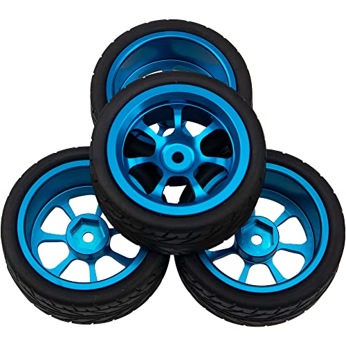 Metal Wheel Rims 12mm Hex Hub & OD 2.56" Rubber Tires Compatible with Tamiya HPI Kyosho HSP Redcat Exceed RC 1/10 On-Road Touring Car WLtoys 1/14 144001 (Dark Blue)
