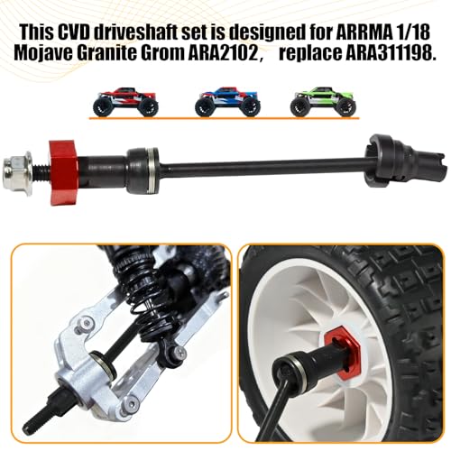 Hardened Steel CVD Driveshaft Front Rear with Hexs, Nuts, Drive Center Cup, Drivershaft Dogbone CVD Compatible with ARRMA 1/18 Mojave Granite GROM ARA2102, Replace #ARA311198 (Black,Red) - color: Black-red