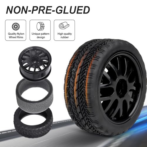 Hobbypark (4-Pack) OD 2.56''(65mm) Rubber Tires & Wheels 12mm Hex Drive Hub for 1/10th Scale RC Touring Car