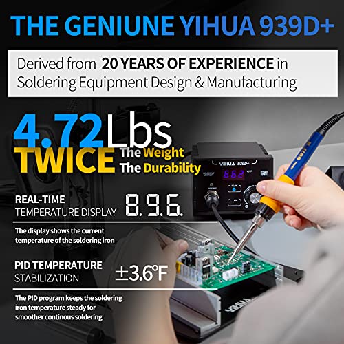 YIHUA 939D+ Digital Soldering Station, 75W Equivalent with Precision Heat Control (392°F to 896°F) and Built-in Transformer. ESD Safe, Lead Free with °C/°F display (Black) - color: Black