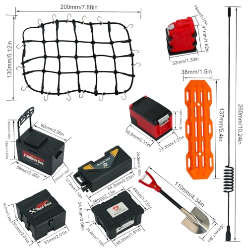11Pcs Roof Rack Accessories Set Simulation Luggage Net/Fuel Tanks/Shovel/Recovery Boards/Fishing Boxes Tool Case/Antennas Compatible with 1/10 Scale RC Crawler TRX4 TRX6/SCX10/Gen7 Gen8