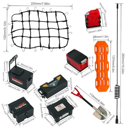 11Pcs Roof Rack Accessories Set Simulation Luggage Net/Fuel Tanks/Shovel/Recovery Boards/Fishing Boxes Tool Case/Antennas Compatible with 1/10 Scale RC Crawler TRX4 TRX6/SCX10/Gen7 Gen8