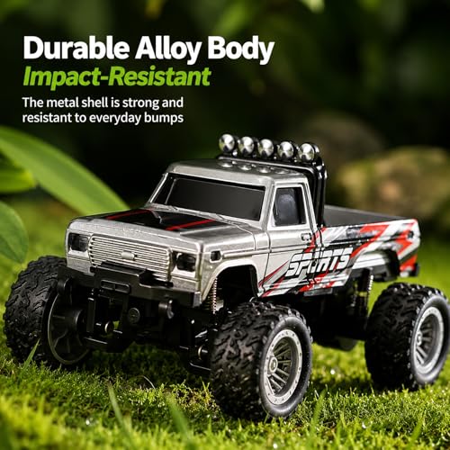 1:64 Scale Mini Remote Control Monster Truck with Trailer | 2.4GHz & App Dual Control, Alloy Mini RC Car with LED Lights, Portable Pocket Toy Car for Kids & Adults, Gift for Boys (Pink) - color: Pink