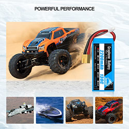 Yowoo 2 Packs 2200mAh 2S 7.4V 130C LiPo Battery with XT60 Plug for RC 1/16 E-Revo VXL Summit Slash Losi 1/14 Mini 8ight RC Cars