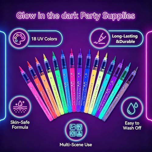 18 Packs Glow in the dark Party Supplies UV Neon Body Paint Pen,Washable Temporary Tattoo Markers for Holiday Glow Party Favors Bar Birthday Hawaii Concert Halloween Makeup Raves