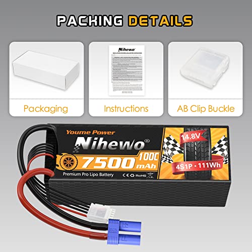 4S Lipo Battery EC5 14.8V 7500mAh Hardcase 2 Packs for RC Truck Boat | 4S 14.8V 7500mAh Hardcase Lipo Battery Pack 100C EC5 Connector for 1/5 1/6 1/7 RC Car Buggy Boat Airplane 2 packs included - style: 14.8V 7500mAh