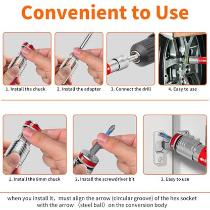 Power Nut Driver Set 19PCS 5-Inch Extended Reach Hollow Nut Driver Shaft | 8-19 mm Metric, 7 Nut Drivers & 8 Screwdriver, 3-in-1 Adapters for Impact Drill Wrench Hammer