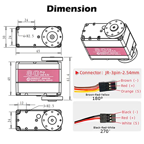 RDS5180 80kg Digital Metal Robotic Servo Motor High Torque Double-Shaft Robot Servo Arm Waterproof IP66 with U Metal Brackets for RC Car DIY Robot (180°) - size: 80KG 180°