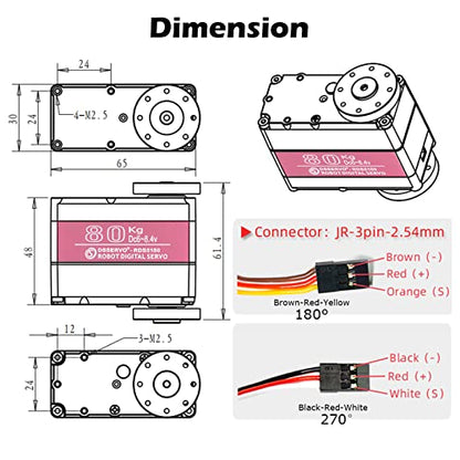 RDS5180 80kg Digital Metal Robotic Servo Motor High Torque Double-Shaft Robot Servo Arm Waterproof IP66 with U Metal Brackets for RC Car DIY Robot (270°) - size: 80KG 270°