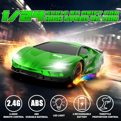 RC Drift Remote Control Car 2.4GHz 1/24 4WD 15KM/H High Speed Racing Sport with LED Lights Drifting Tire Toy for Adults Boys Girls Kids Gift - color: Green