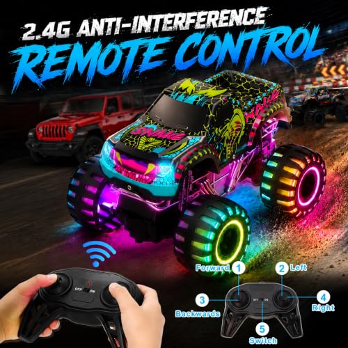 Remote Control Monster Truck Toys, RC Monster Trucks for Kids Ages 4-7-12 | 1:20 Scale, 2.4GHz RC Car Trucks with Lights, All Terrain, 2 Rechargeable Batteries, Christmas Birthday Gifts for Boys Girls