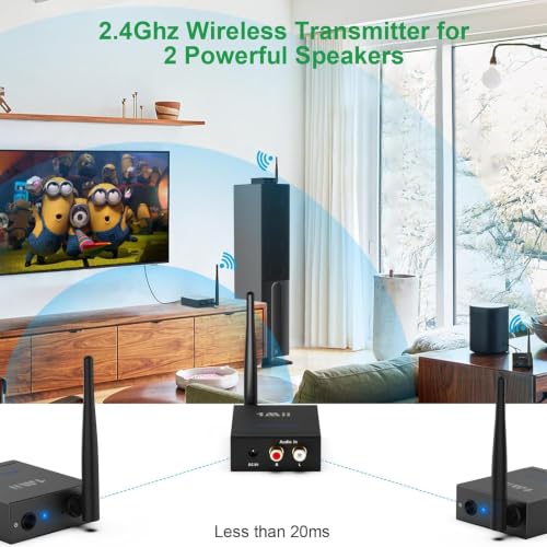 1Mii 2.4GHz (1 TX + 2 RX) Wireless Audio Transmitter and Receiver Set | 20ms Ultra Low Delay with RCA In/Out, 320FT Long Range for TV PC CD Player Powered Speaker, 2 Receivers for 2 Powered Speaker - size: 3 in 1