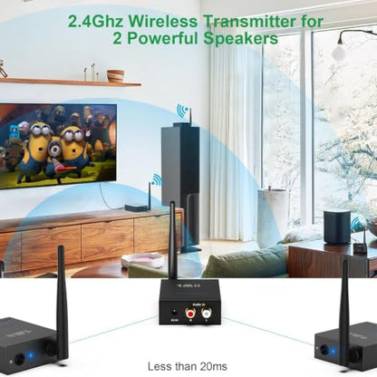 1Mii 2.4GHz (1 TX + 2 RX) Wireless Audio Transmitter and Receiver Set | 20ms Ultra Low Delay with RCA In/Out, 320FT Long Range for TV PC CD Player Powered Speaker, 2 Receivers for 2 Powered Speaker - size: 3 in 1