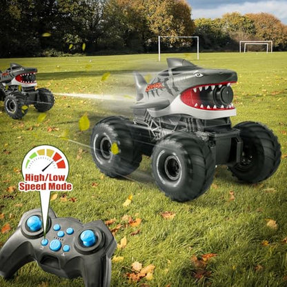 BOBXIN Amphibious Remote Control Shark Toy Monster Truck Grey | Squirt Water All-Terrain Off-Road Waterproof 4WD 2.4Ghz RC Boat Car Pool Water Toys for Kids Age 6+ - color: Grey