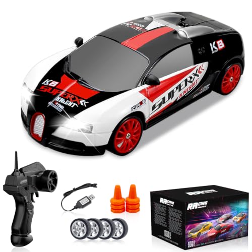 RC Drift Car 2.4GHz 1:24 Remote Control Cars 4WD 15KM/H High Speed Drifting RC Cars with Cool Lights, Extra Tires Toys Car for Kids Boys Girls Adults, Black - color: K.black - White