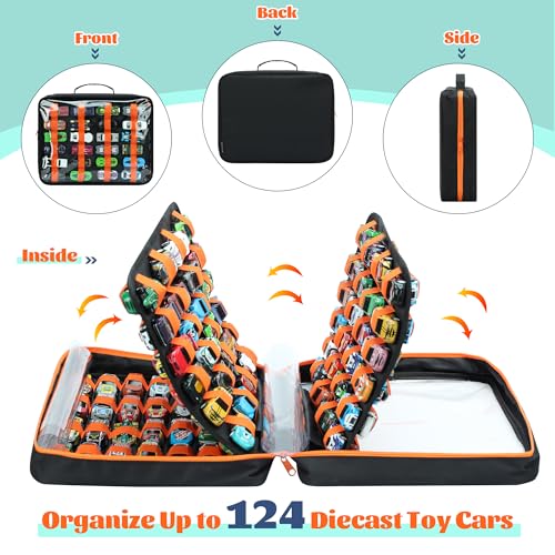 Toy Car Storage Case, Diecast Display Case 124 Slots (Black) | Fits 1:64 diecast cars. Cars not included. Portable case for collectors and kids. Holds 124.