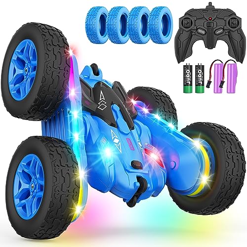 Remote Control Car, Rc Cars Stunt Toys New Upgraded Strip Lights and Headlights Toys Double-Sided 360° Rotating 4WD Drift Truck for Boys Girls Birthday Gift (Blue) - color: Blue