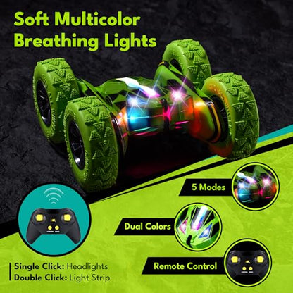 Threeking Remote Control Flip Stunt Car Double Sided Driving Crawler Toys | Quick-Swap Modular Battery Durable RC Cars with Auto Demo Breathing Soft Lights Gifts for Boys Girls Ages 6-12 - color: Green-up