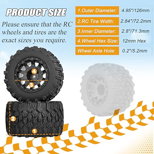 12mm Hex RC Wheels and Tires 2.8 RC Tires 1/10 Scale RC Truck Tires Wheels for Traxxas Rustler Stampede Hoss 2wd 4x4 vxl Tires Wheels Arrma Redcat RIAARIO AMORIL Tires Wheels Preglued 4PCS