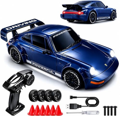 1:20 RC Drift Car, 2.4GHz 4WD 360° Fixed Point Drift for Boys | 50 min playtime with 2 batteries, 2 tire sets (drift & off-road), 3 LED lights, great gift for kids 6-12 - color: Deep Blue