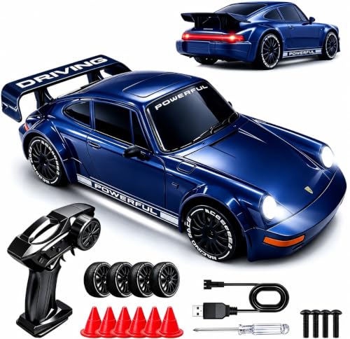 1:20 RC Drift Car, 2.4GHz 4WD 360° Fixed Point Drift for Boys | 50 min playtime with 2 batteries, 2 tire sets (drift & off-road), 3 LED lights, great gift for kids 6-12 - color: Deep Blue