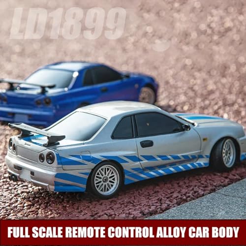 FLYCOLOR LD1899 1/18 RC Drift Car GTR R34 2.4GHz RWD with Gyroscope on-Road Alloy Body Shell Racing Cars Radio Control (Blue Grey) - color: Grey