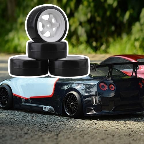 5 Spoke White Wheel Rim & Tyre Tires White+Black for RC 1:10 Drift Car & On Road Car Pack Of 4