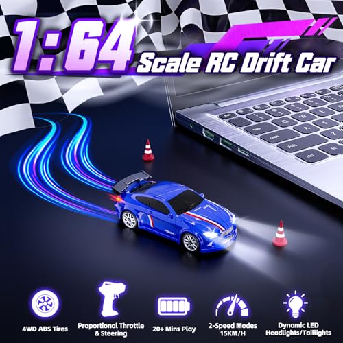 Mini RC Car 1:64 Scale, Remote Control Desktop Car for Kids & Adults | 2.4GHz RC Drift Car with LED Lights & 2 Speeds, Includes 4 Obstacles & Track Mat, Hobby Gift for Boys, Blue - color: Blue