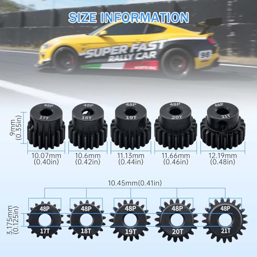 5pcs 48P Pinion Gear 17T 18T 19T 20T 21T 3.175mm Shaft Pinion Gears with Hex Key Set for Traxxas Arrma HSP HPI AXIAL Tamiya Losi 1/10 RC Car Brushless Motor - size: 17T 18T 19T 20T 21T