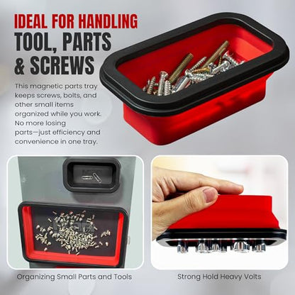 Magnetic Parts Tray Set 3-Pack - Collapsible Silicone Magnetic Tray with Strong Base - Multi-Size (Red) - color: Red