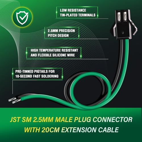 20 Pieces JST SM 2.5mm 2 Pin 20AWG Flexible Silicone Connector Kit | Premium Automotive Wiring, Heavy Duty Terminals, Reliable Circuit Board, High Temperature Housing, Easy Project Assembly - size: 2-Pin, style: JST-SM-M