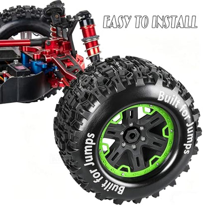 RC Wheels and Tires Set(4PCS) for 1/8 1/10 Monster Truck Tires,Traxx as/Arrm a 6S/Summi t/E Rveo/T-Maxx RC Off-Road etc,17mm Hex Tire and Wheels/Plastic Rims,Green and Black - color: Green and Black- (Wheels Tires)