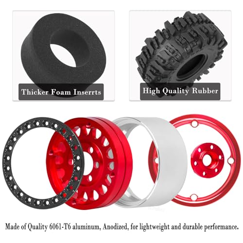 Aluminium RC 1.9" Beadlock Wheels Tires for 1/10 SCX10 90046 AXI03007 TRX4 TRX6 VS4-10 Gen7 Gen8 MST CFX D90 RC Crawler Car,Alloy 1.9 Rims Tires,Red - color: Red- (Rc 1.9" Tires)