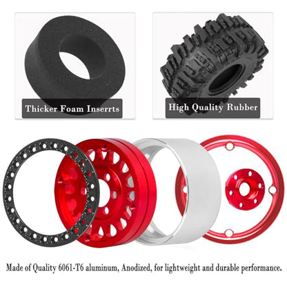 Aluminium RC 1.9" Beadlock Wheels Tires for 1/10 SCX10 90046 AXI03007 TRX4 TRX6 VS4-10 Gen7 Gen8 MST CFX D90 RC Crawler Car,Alloy 1.9 Rims Tires,Red - color: Red- (Rc 1.9" Tires)