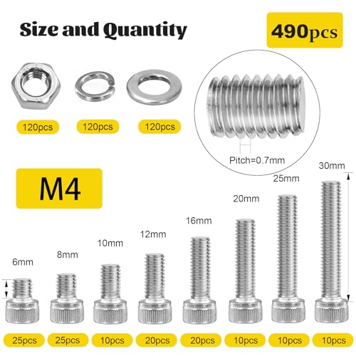 490pcs M4 Screws,Nuts and Washers Assortment kit, M4x6/8/10/12/16/20/25/30 mm Hex Socket Head Cap Screw Bolts Nuts Washer Kit,304 Stainless Steel Bolt Set for DIY, 3D Printer - size: SS M4 490pcs