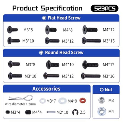 532pcs RC Screw Kit Universal Metal Hardware Fasteners Assortment Set with Screw Tray for 1/8 1/10 1/12 1/16 Scale Traxxas Axial Arrma Redcat Losi HPI RC Cars Trucks Crawlers