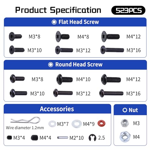 532pcs RC Screw Kit Universal Metal Hardware Fasteners Assortment Set with Screw Tray for 1/8 1/10 1/12 1/16 Scale Traxxas Axial Arrma Redcat Losi HPI RC Cars Trucks Crawlers