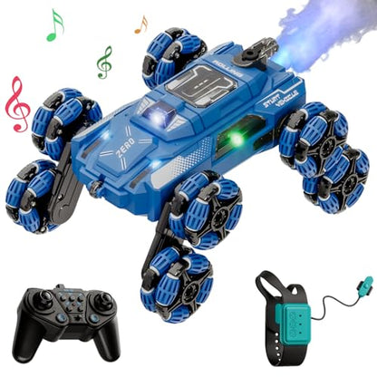 Cool 8-Wheel Gesture RC Stunt Car, 2.4GHz Climbing Toy for Ages 6-14 | 8-Wheel Double-Sided Climbing Vehicle, Gesture & Remote Dual Control, Built-in Lights and Music, Transformable Drift RC Car - color: Blue