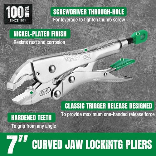 SK 7" Curved Jaw Locking Pliers, Vice Grips, Premium CR-V Steel | Vise Grip Pliers, Nickel-Plated Finish, Ergonomic Anti-slip Handle, Ideal for Welding or Assembly - size: 7"