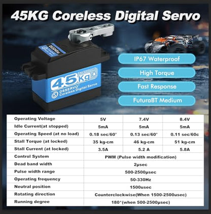 45KG Servo 1/10 Steering Servo High Torque Coreless RC Steering Servo Motor with Stainless Steel Gear Waterproof for 1/8, 1/10, 1/12 Scale Cars and DIY Projects (DS3245SG-180 Rotation) 5V-8.4V