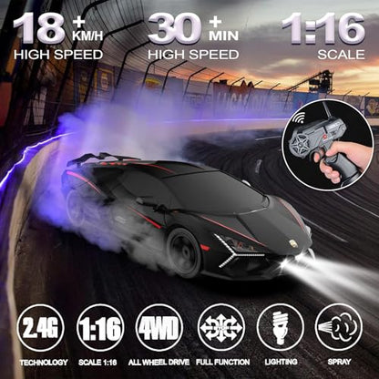 Remote Control Car RC Drift Car 1:16 Scale 4WD 18KM/H High Speed Model Vehicle 2.4GHz with LED Lights Spray Rubber Tire Racing Sport Toy for Adults Boys Girls Kids Gift 2Pcs Rechargeable Batteries - color: Black-2