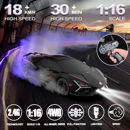 Remote Control Car RC Drift Car 1:16 Scale 4WD 18KM/H High Speed Model Vehicle 2.4GHz with LED Lights Spray Rubber Tire Racing Sport Toy for Adults Boys Girls Kids Gift 2Pcs Rechargeable Batteries - color: Black-2