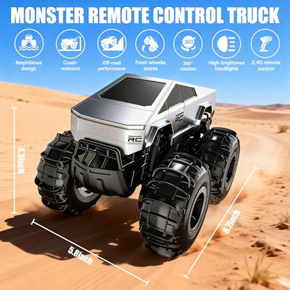 Amphibious Remote Control Truck Toy, 1:16 4WD 2.4GHz Waterproof RC Monster Car Off Road All-Terrain with Headlights and Rechargeable Battery Gifts for Kids Adults Age 6+