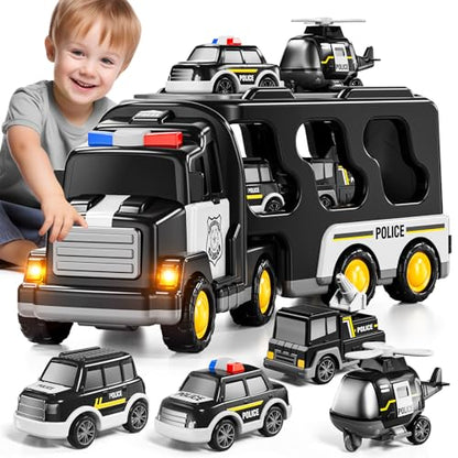 JUKUDAHU Police Truck Toy for Boys 4-8 Years Old - Carrier Vehicle Toy Set | 3 Small Cars and 1 Helicopter, Kids Firction Powered Police Car Toy for Age 3-9, Sound and Light, Gifts for Boys and Girls - style: 5 IN 1 Police Truck