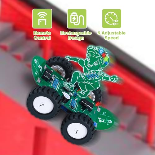 MiOYOOW DIY RC Car Soldering Kit STEM Electronics Project for Teens | 360° Spin, 5-Speed, DIY Remote Control Car Kit, Skateboard-Style, Soldering Practice Kit for School & Home Learning