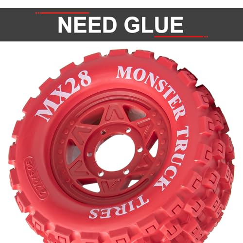 LRFHL MX28 F/R 2.8" RC Monster Truck Tires and Wheels 4PCS, Red | 12mm/14mm Hex Adapter, 1/10 RC Monster Truck, Compatible with Traxxas Stampede Rustler Redcat Arrma Vorteks Big Rock Granite - color: Red Tires+ Red Hex Wheel-3